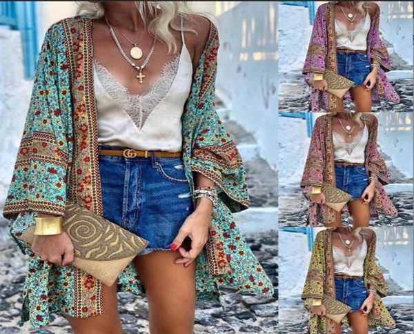

women blouses cardigan summer open front bohemian floral printed blouse kimono casual loose beach vintage long sleeve5688690, White