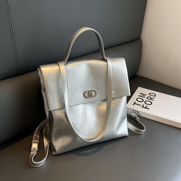 

school bags fashion soft women backpacks metallic silver designer backpack travel shoulder for 2023 large book bag female handbag 230809