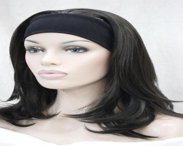 

charming beautiful new sell women 34 wig with headband dark brown long straight wavy end half wig synthetic83564242665183, Black