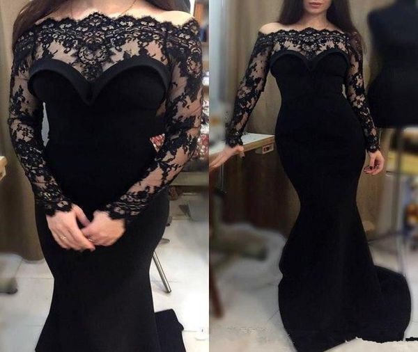 

long sleeve evening dresses 2018 off shoulder lace appliques mermaid illusion formal prom gowns special occasion dresses robe2836400, Black;red