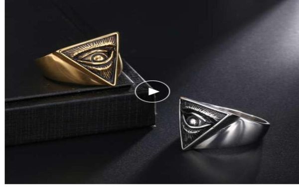 

dz punk illuminati pyramid eye ring men 316l stainless steel hip hop gold color triangle rings for men jewelry egyptian pharaoh2131595, Golden;silver