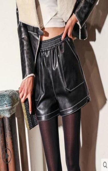 

new fashion women039s high waist wide leg pu leather elastic waist aline loose plus size shorts trousers3159271, White;black
