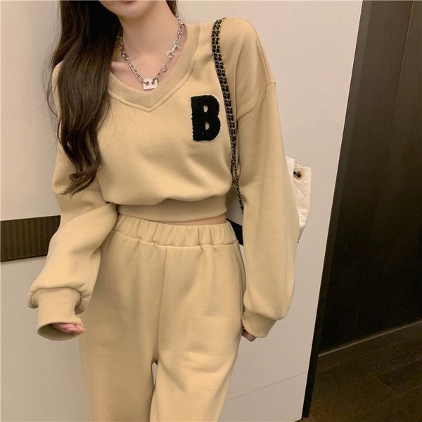 

womens two piece pants autumn sports sweatshirts sets women v neck short loose straight trousers suits casual long sleeve hoodies 2 pieces, White