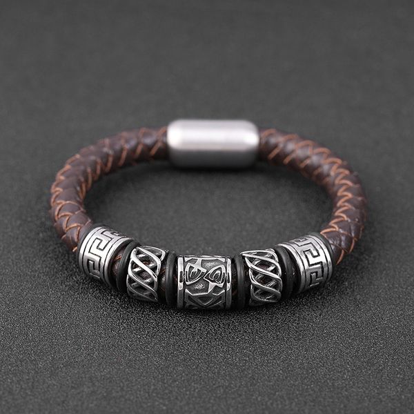 

cool men style stainless steel beads charm bracelet hand braid genuine leather bracelets cuff bangle for gift, Golden;silver