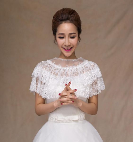 

attractive two layers lace capes bridal accessories jackets red beaded neck shiny wedding wraps bolero blanco8853901, White