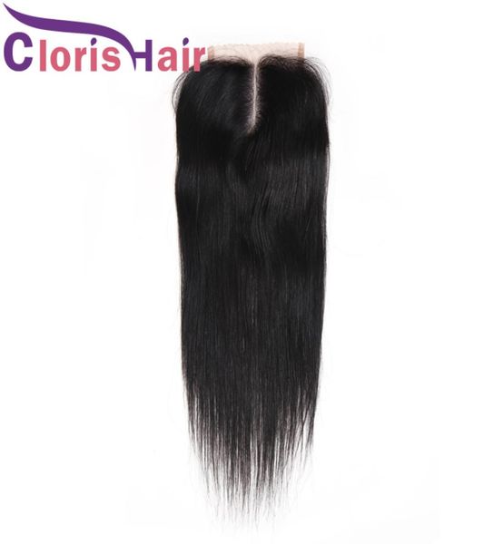 

4x4 silk straight half hand tied malaysian virgin human hair closures piece 130 density middle part body wave swiss lace clos7791063, Black;brown
