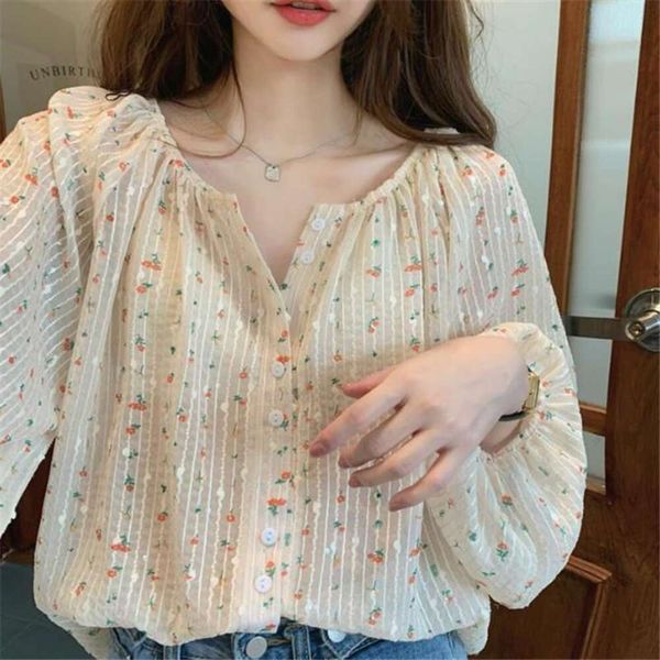 

french chic fresh floral shirt for women small skinny loose, White