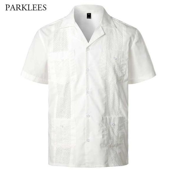 

embroidery floral patchwork shirts for men casual multipocket mens short sleeve shirt cuban camp guayabera ethnic men clothing 218697166, White;black
