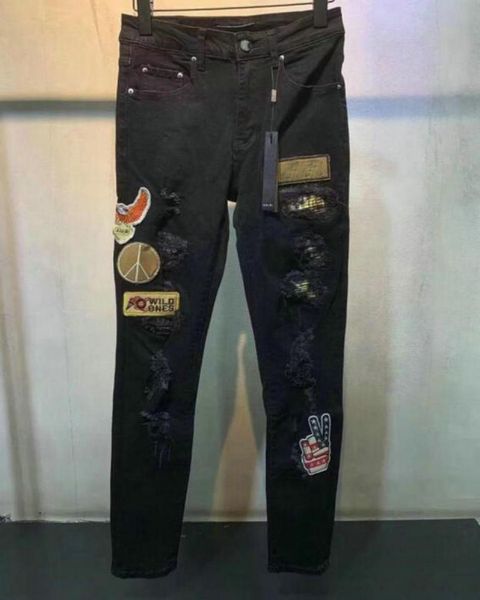 

21ss personality men fashion street trend stretch jeans hole art patch skinny pants european and american autumn winter1620925, Blue