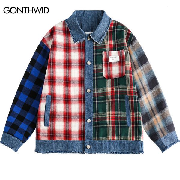 

mens jackets men retro plaid jacket streetwear harajuku vintage shirt patchwork denim coats y2k hip hop fashion casual loose outwear 230810, Black;brown