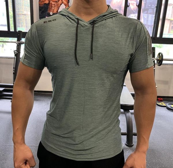 

green gym sport hooded running t shirt fitness slim high elasticity breathable quick dry bodybuilding mens tshirt men tee 2450727, Black;blue