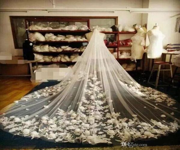 

3d floral bridal veils 3m cathedral length long white ivory champagne wedding veils with combs tulle and lace appliques 2020 new h4329348, Black