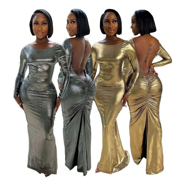 

womens selling backless folded pure color long sleeve dress, Black;gray