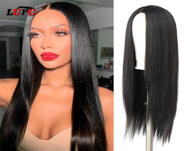 

lupu synthetic lace wigs for blackwhite women 30 inches long straight middle part hair high temperture fiber3931127, Black