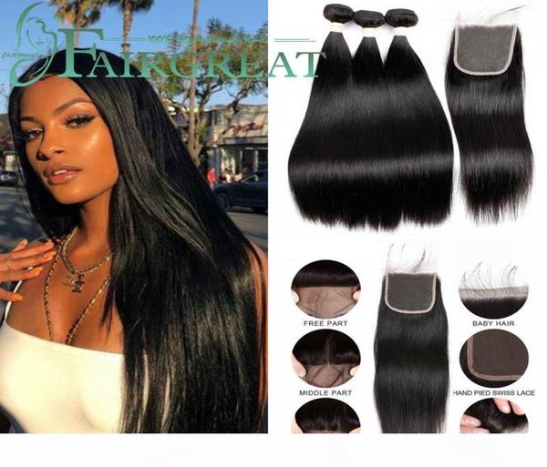 

fairgreat brazilian straight hair 3 bundles with closure 100 remy human hair bundles with closure 44 hair extension2541966, Black