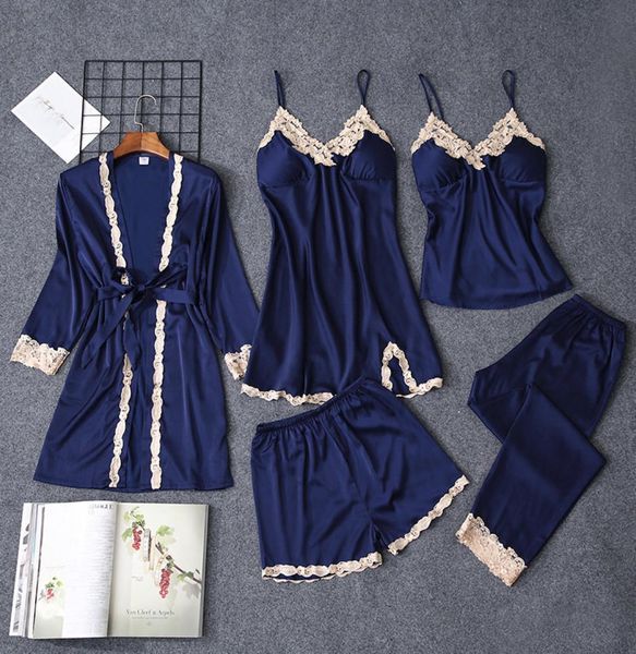 

2019 new women pajamas 5 pieces satin sleepwear pijama silk home wear female sleep lounge pyjama with chest pads pyjama femme5969254, Black;red