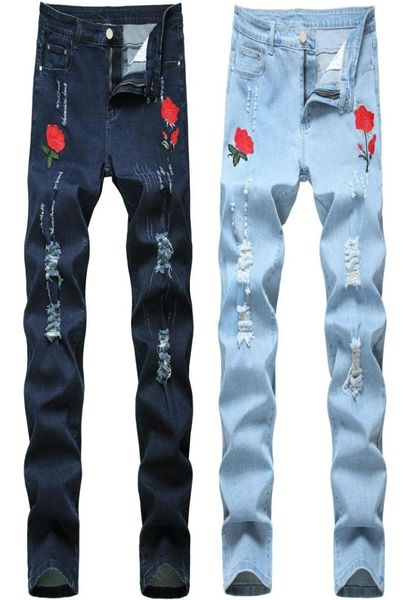 

men039s jeans rose embroidered for men designer fashion skinny pencil pants holes blue denim spring autumn1855717