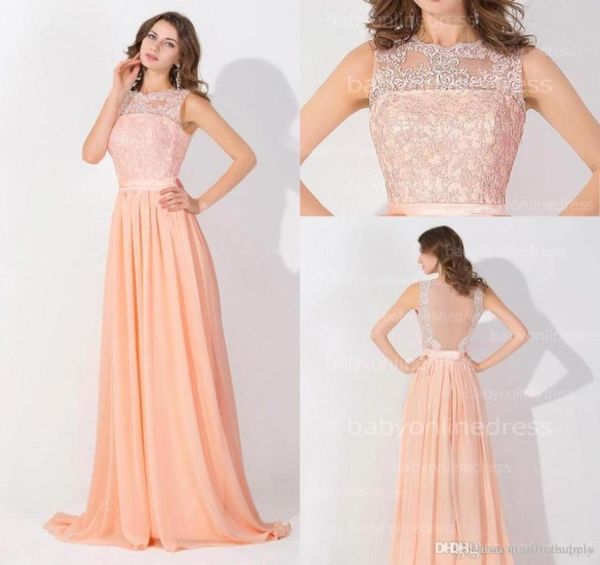 

peach pink long chiffon prom dresses 2016 lace real image backless sheer long evening gowns in stock bridesmaid dress41234623353376, Black