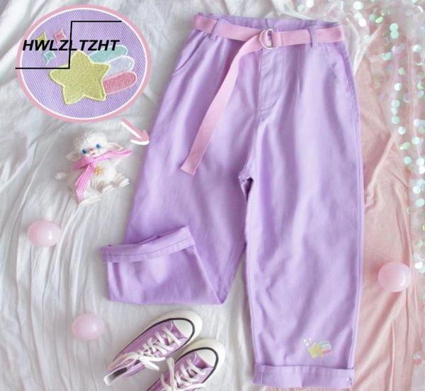

harajuku cartoon embroidery denim pants women japanese high waist vintage purple pants korean kawaii girls wide leg trousers 201032897893, Black;white