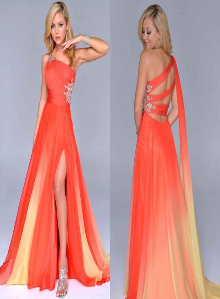 

gradient ombre prom dresses orange chiffon side split evening formal gown oneshoulder party dress criss cross straps back beautif8110483, Black