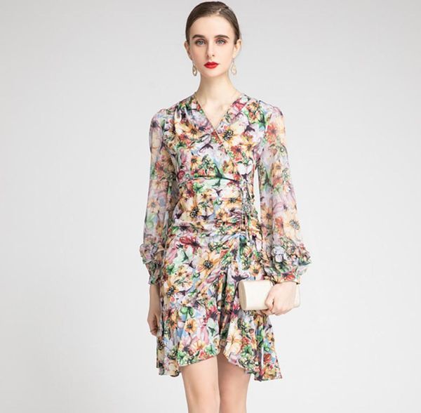 

women039s runway dress v neck long sleeves floral printed draped ruched ruffles fashion sheath designer dresses vestidos6937581, Black