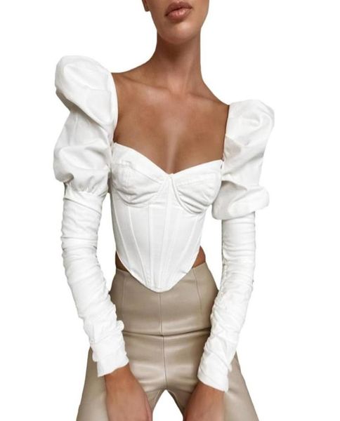 

women vintage puff long sleeve t shirts square neck slim corset crop 28gd8624503, White