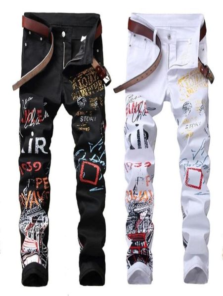 

white straight leg jeans men hip hop pants fashion letter print stretch slim fit black jeans man casual mid waist denim trousers6365844, Blue