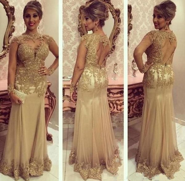 

2020 arabic gold mermaid mother of the bride dresses jewel neck illusion lace appliques beaded long sleeves open back party evenin4006467, Black;red