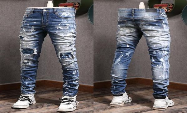 

painted stitch detail jeans mens distressed vintage slim fit leg denim trousers male2203584, Blue