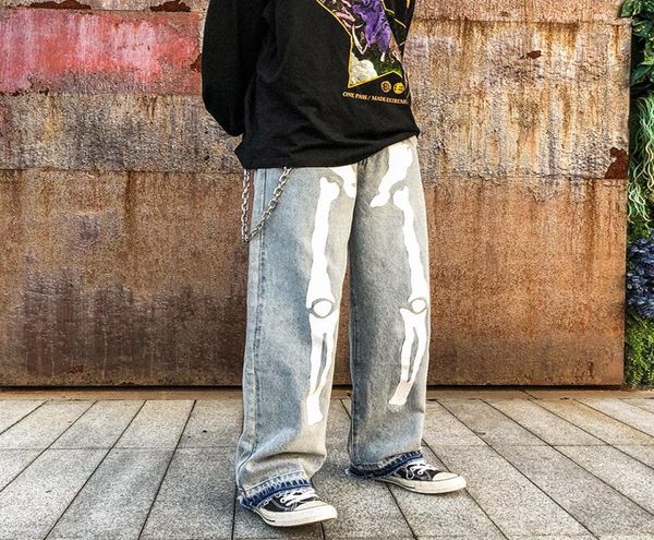

men039s jeans men skeleton oversized black pants 2021 denim mens streetwear hip hop harem high wasit overalls sa86571989, Blue