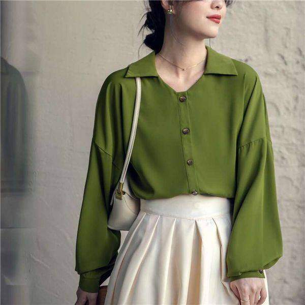 

autumn avocado green shirts long sleeve chiffon french t shirt for women, White