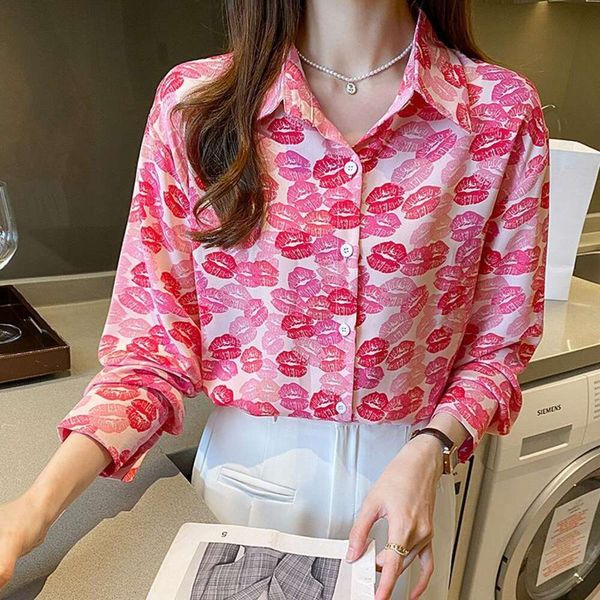 

pink lip print shirt with design sense spring and autumn korean loose long sleeved for women, White