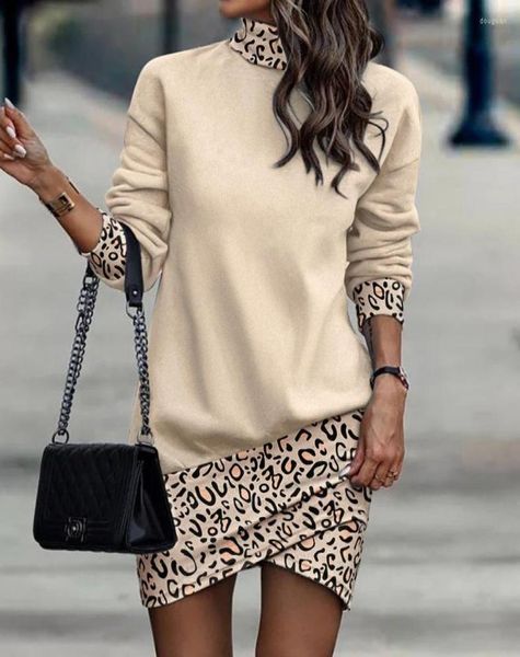 

casual dresses women autumn winter fashion leopard print high neck long sleeve dress waist mini6824788, Black;gray