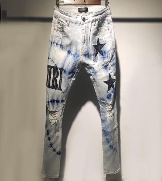 

men039s jeans embroidery patchwork ripped for men trend brand motorcycle pant mens jean skinny european hombre letter star4433057, Blue