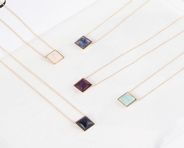 

exquisite handmade rectangle turquoise pink crystal stone polishing metal druzy natural stone rose quartz necklaces pyramid pendan3890540, Silver