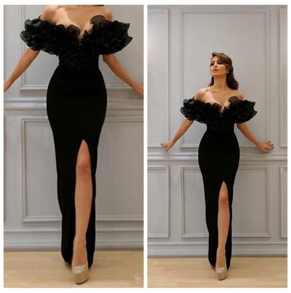 

2018 mermaid evening dresses offshoulder prom gowns sheer arabic party dress with sise split formal wear9714888, Black;red