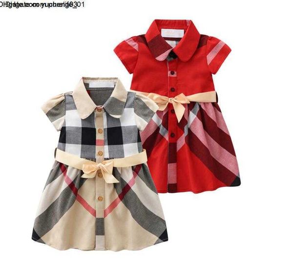 

girls princess baby dress summer kids plaid short sleeve dresses turn-down collar children skirts clothes, Red;yellow