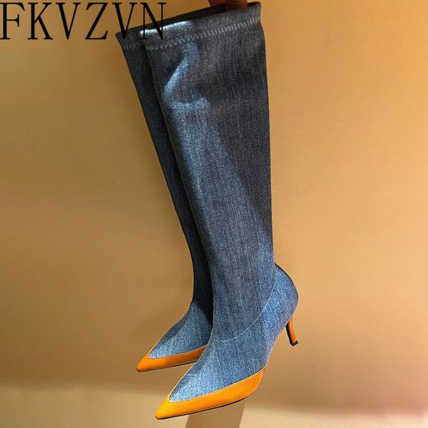 

boots patchwork denim thin heels pointy toe elastic women fashion zipper outwear blue retro knee high 230810, Black