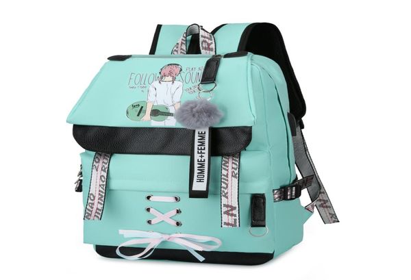 

big school bags for teenage girls backpack schoolbag large green usb printing cute girls bookbags student fashion ribbon bow new l8379470