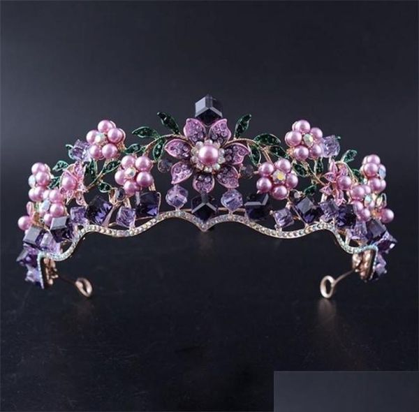 

wedding hair jewelry luxury baroque purple crystal pearl bridal crown tiara magnificent diadem for bride headband acces otewa7637121, Slivery;golden