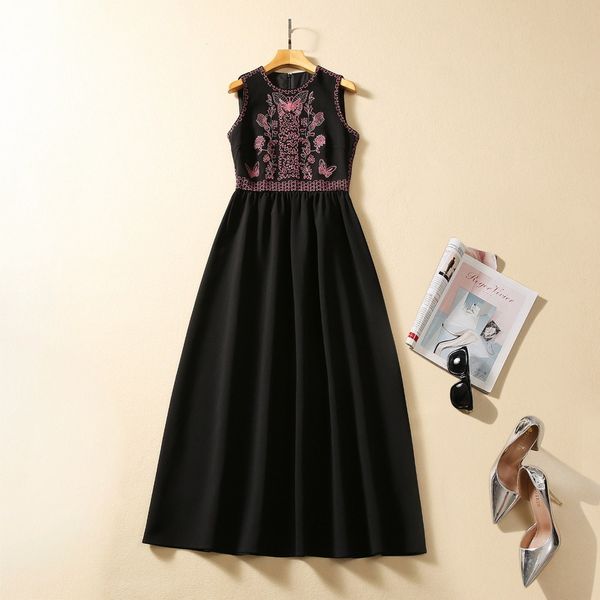 

european and american women's clothing 2023 autumn new round neck sleeveless embroidery black fashion pleated dress xxl, Black;gray