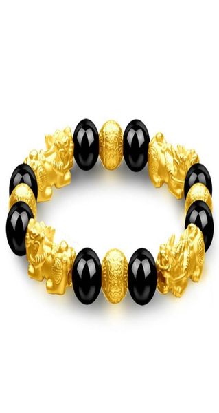 

imitation gold 3d pixiu animal bracelet black obsidian beads feng shui bracelet wealth amulet lucky jewelry8540376, Golden;silver