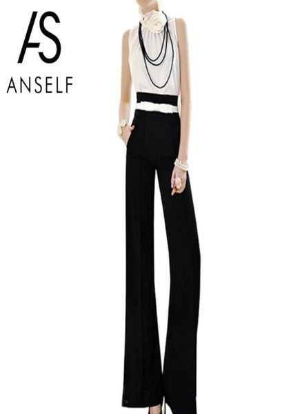 

anself vintage women loose trousers zipper high waist pocket front flare wide leg office ladies pants black bell bottom pants y1904515461, Black;white