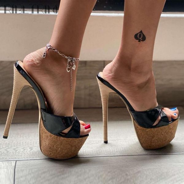 

sandals ribetrini laides open toe plaftorm high heels slip on women's slippers outdoor party dress fashion black csolid shoes woman 230