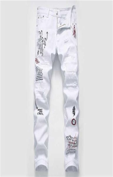 

new men streetwear personality ripped printed white skinny jeans hip hop punk casual motorcycle stretch denim jeans trousers x06217219651, Blue
