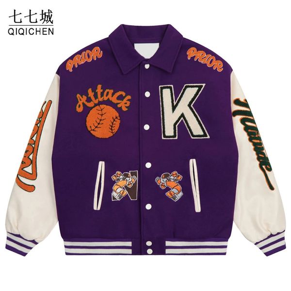 

mens jackets letter embroidery baseball jacket men winter vibe style loose casual thicken pu leather sleeve patchwork flocking coat 230810, Black;brown