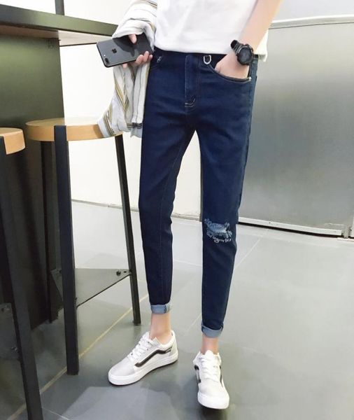 

men039s jeans hole summer mens brand black slim fit denim ripped anklelength pant homme plus size7255501, Blue