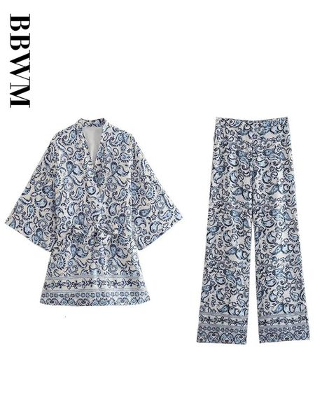 

womens two piece pants woman sets fashion print kimono style shirts casual vintage straight summer chic female suit set 230810, White