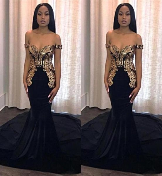 

black mermaid prom party dresses 2019 with gold appliques elegant off shoulder long african custom evening gowns2597983