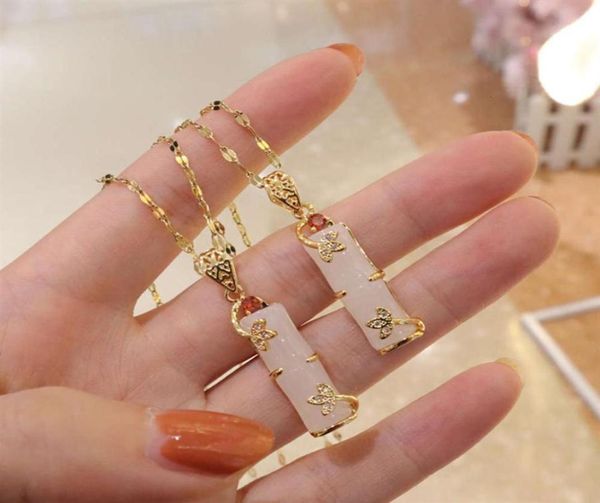 

real gold plated stainls steel necklace jewelry long bamboo shape pink natural jade pendant necklace for women girls282w7898093, Silver